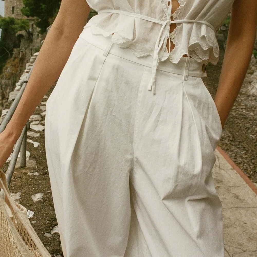Doen Hilaire Cotton High Waist Wide Leg Cuff Palazzo Pants Trousers Salt White - Picture 3 of 14